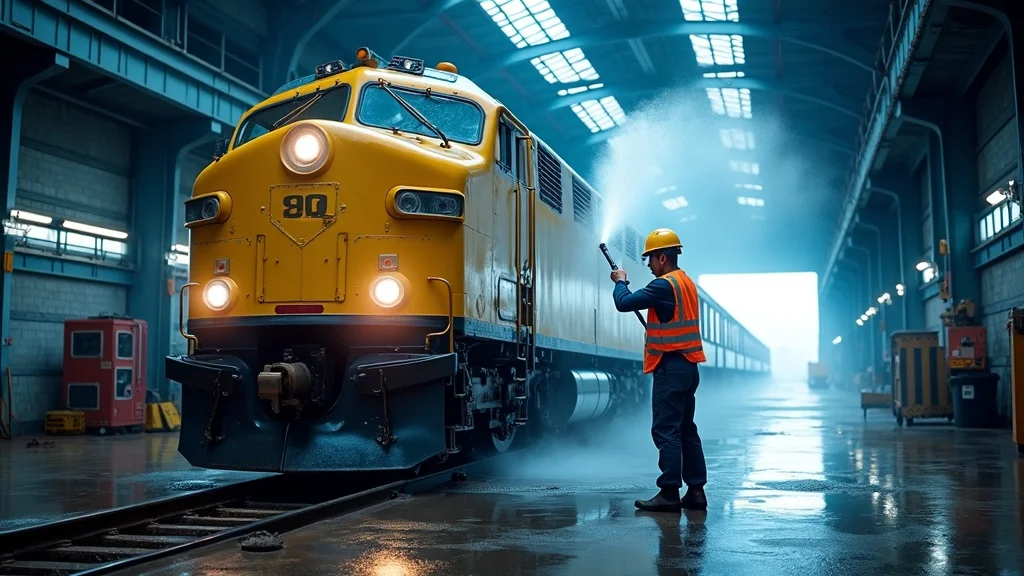 Locomotive wash pressure washer cleaning large locomotive in maintenance bay - locomotive wash and railway industry cleaning products