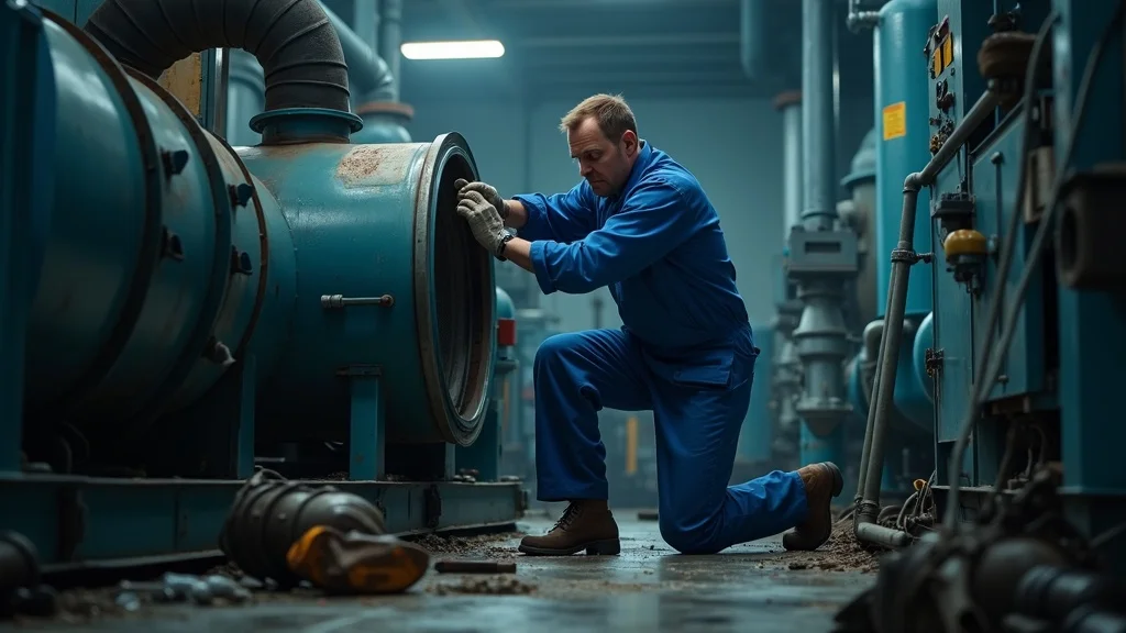 Technician repairing dust collector during troubleshooting cleaning systems