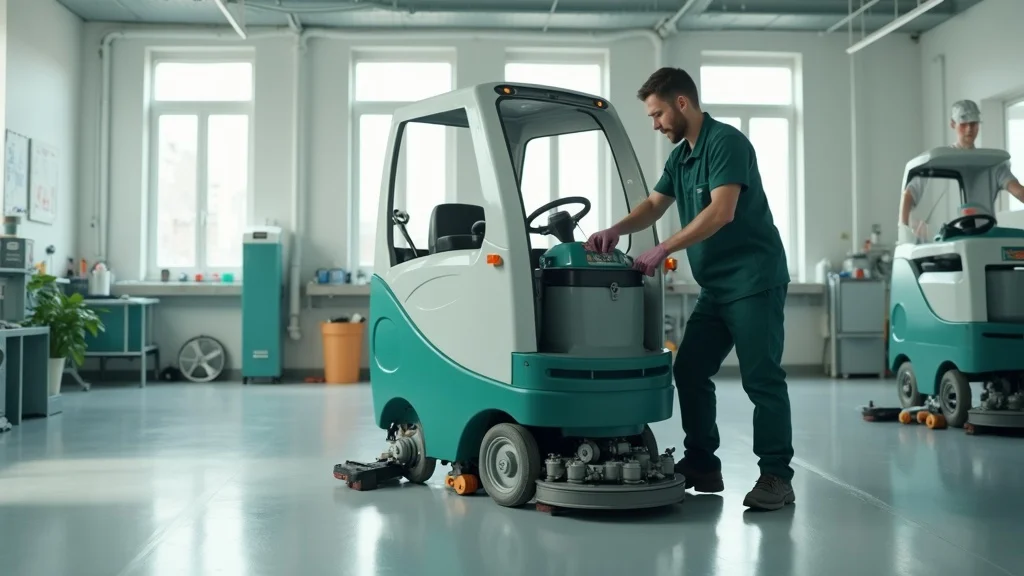 Technician performing maintenance on floor cleaning machine for troubleshooting cleaning systems