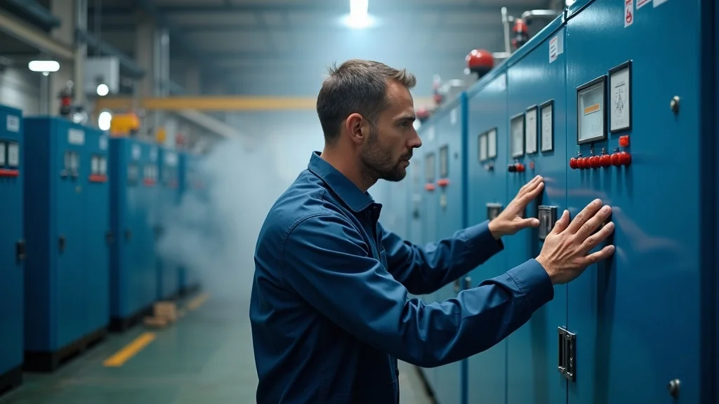 Industrial technician troubleshooting cleaning system control panel for troubleshooting cleaning systems in a modern factory environment