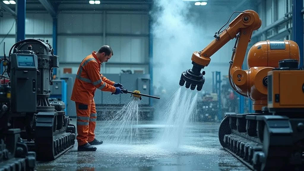 split scene of manual scrubbing and automated robotic cleaning for industrial cleaning service