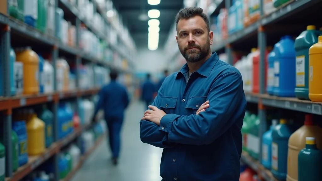 Industrial cleaning products on warehouse shelves, confident facility manager inspecting cleaning supplies—choosing the right industrial cleaning products in an organized industrial facility.