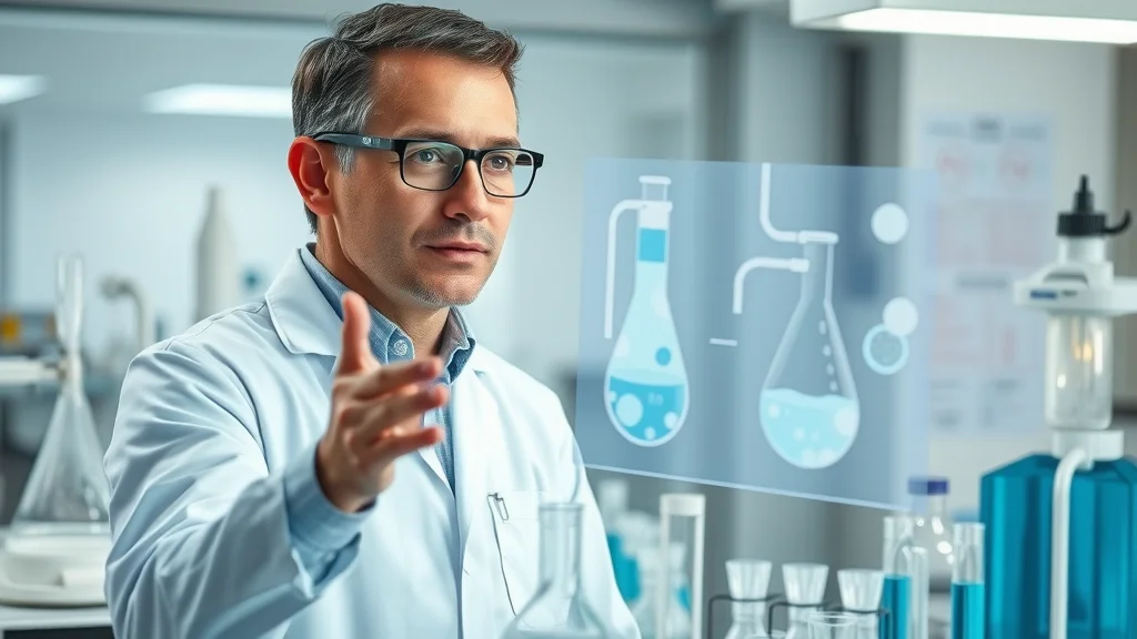 Professional scientist explaining the principles of aqueous cleaning solution in a high-tech laboratory, showing water-based cleaning diagrams and advanced laboratory equipment