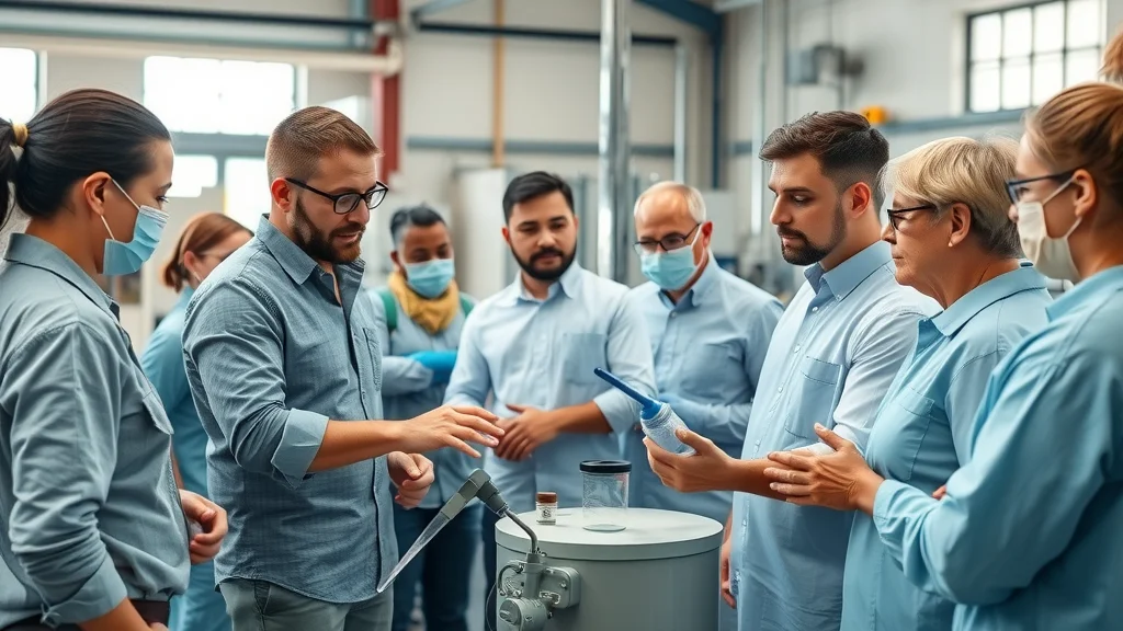 Industrial team training for aqueous cleaning transition, staff gathered around cleaning equipment receiving practical instruction from a leader