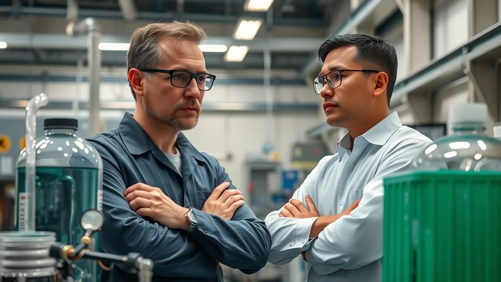 Thoughtful engineer comparing solvent cleaning and aqueous cleaning machines in an industrial facility, highlighting safety and environmental differences