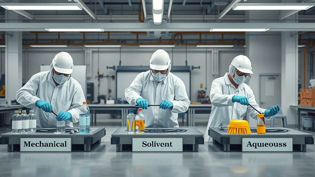 Comparative cleaning methods showing mechanical, solvent, and aqueous cleaning with workers in proper PPE in an educational industrial setting